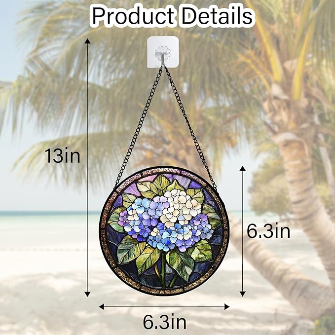 DASTOLL Stained Glass Window Hanging, Hydrangea Flowers Sun Catchers Diamond Glass Panel Hangings Plant Suncatcher Decor for Birthday for Women, Men, Wife, Aunt, and Mom 6.3 in