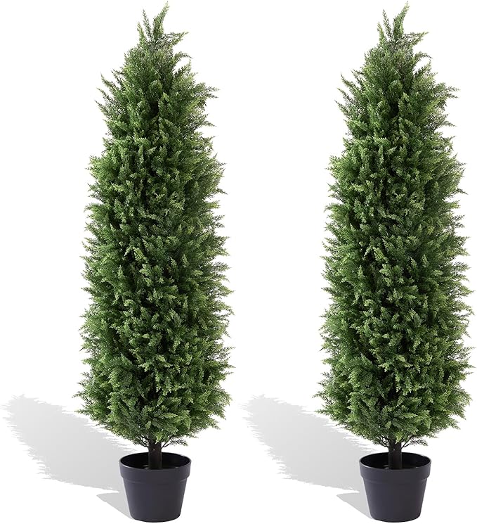 Azoco 4ft Faux Cedar Topiary for Outdoor Planters, Large Artificial Trees Set of 2, UV Rated Fake Plants with Pot for Front Porch Outside Decor 4 Feet Tall