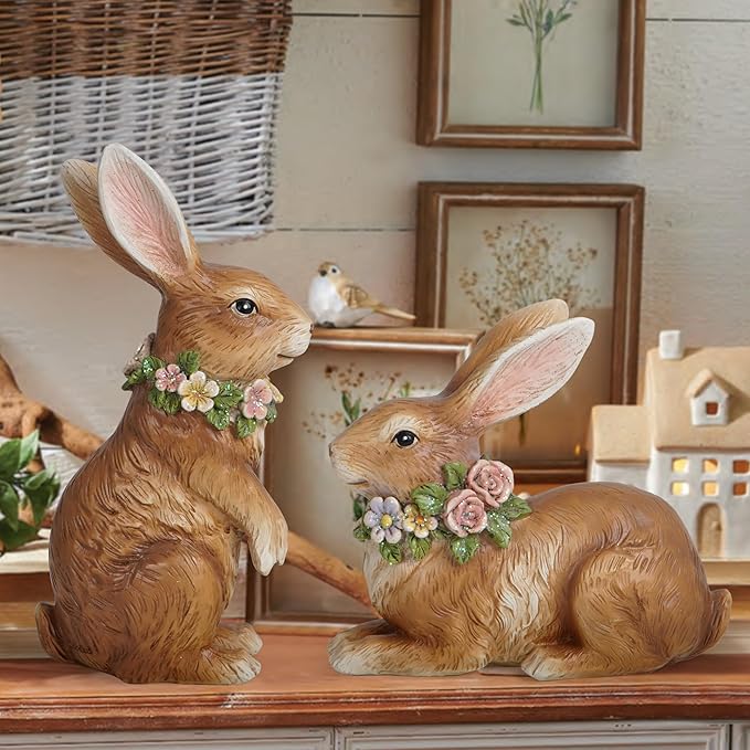 Hodao Spring Garden Patio Bunny Figurine Set (2pcs) The Perfect Accent for a Wonderful Garden-Easter Bunny Figurine Decor Indoor Home Decorations (Brown)