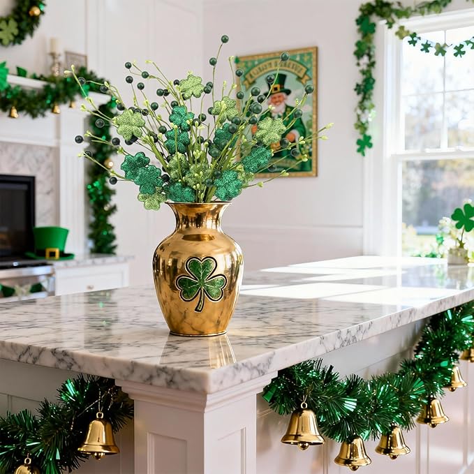 4Pcs St.Patrick's Day Shamrock Flowers Glitter Artificial Shamrock Picks with Lucky Clover Berries for St. Patrick's Day Decorations Centerpieces Home Decor