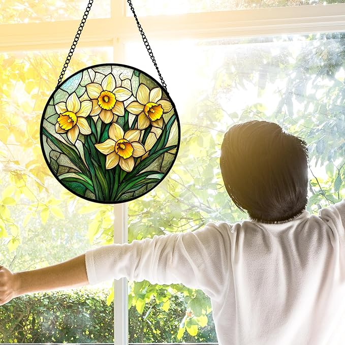 DASTOLL Stained Glass Window Hanging, Daffodil Plant Flowers Sun Catchers Diamond Glass Panel Hangings Suncatcher Decor for Birthday for Women, Men, Wife, Aunt, and Mom 11.8x11.8 in