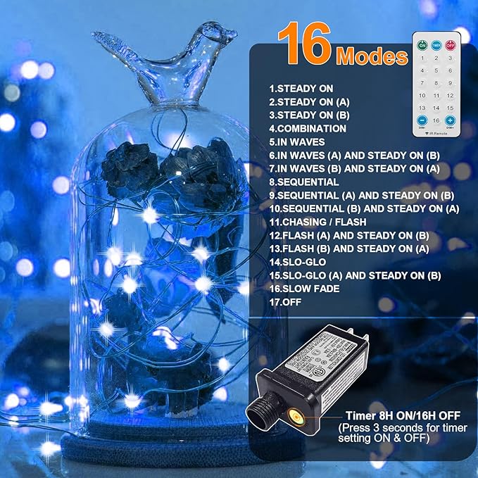 LAMPHOME Fairy Lights Plug in, 33Ft 100 LEDs Waterproof Twinkle Firefly Lights, Adaptor Included, Starry String Lights for Wedding Indoor Outdoor Christmas Patio Garden Decoration, Blue