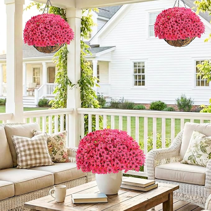 22 Bundles Artificial Flowers Outdoor, Faux Flowers UV Resistant with Plastic Plants, Faux Silk Flowers for Outdoors Outside Front Porch Hanging Planter Window Box Garden Decoration(Rose Red)