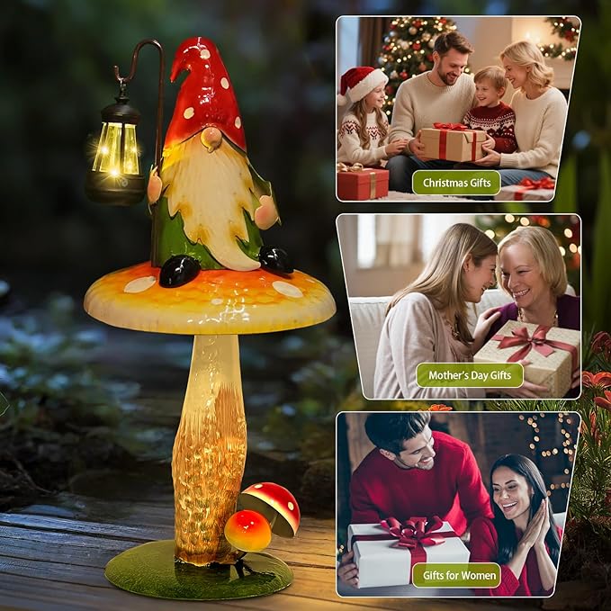 Solar Garden Gnomes Outdoor Statue, Waterproof Outdoor Mushroom Decor with Solar Lantern LED Lights for Yard, Patio, Lawn Ornaments, Valentines Day Gifts for Mom Women, Housewarming Gifts-16.5"