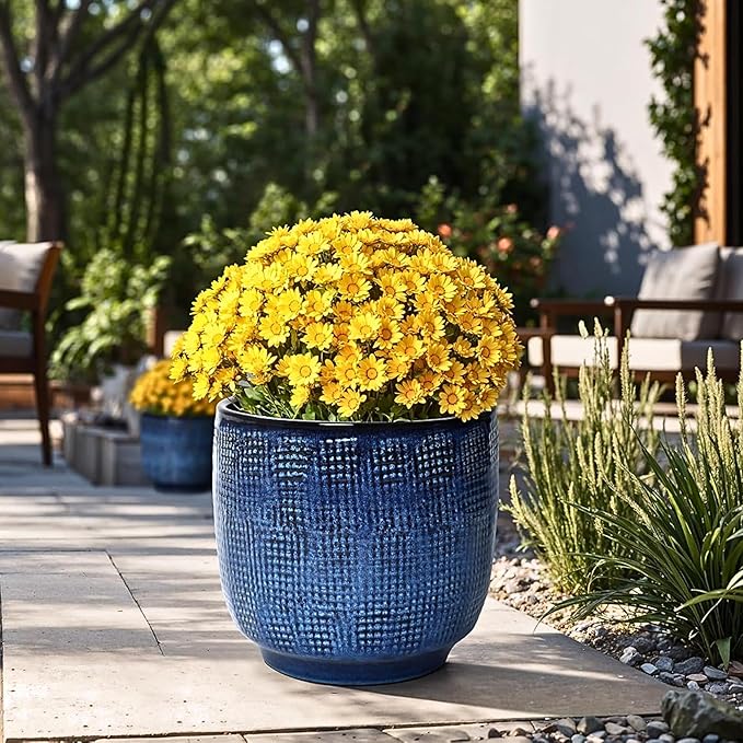 LuxenHome 12" Dia Round Ceramic Plant Pots, Modern Blue Glazed Large Planters Pot for Outdoor Plants with Drainage Hole and Rubber Plug, Decorative Indoor Flower Pots for Home Garden Patio