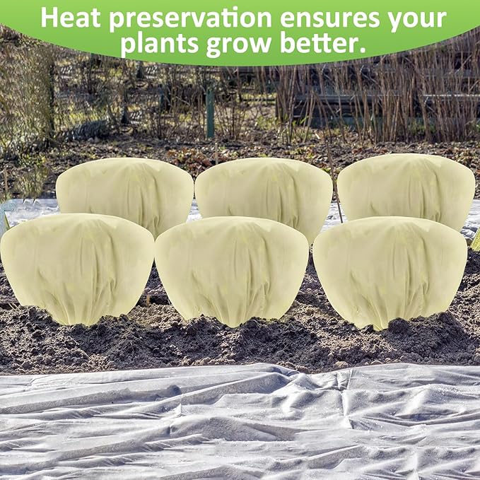 Wesnoy 6 Pcs Winter Plant Covers Freeze Protection 39.4x23.6 Inch Horizontal Shrub Tree Rose Plant Protection Bags Frost Blanket with Drawstring for Fall Winter Outdoor Garden Planting (Beige)