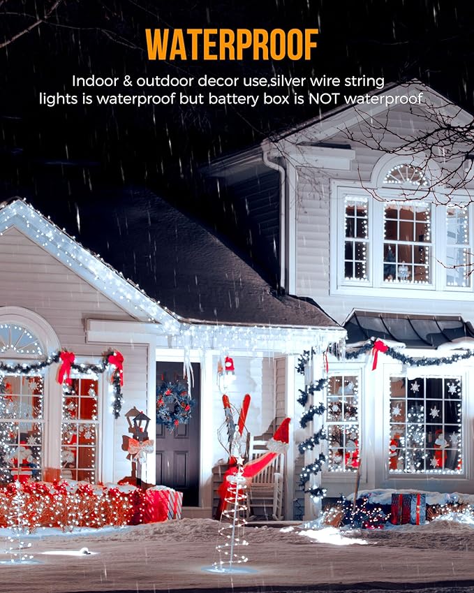 Fairy Lights Battery Operated, 10Feet 120LEDs Firecracker String Lights Waterproof Silver Wire Starry Firefly Light for DIY Wreath Home Weeding Indoor Outdoor Christmas Decorations, Pure White