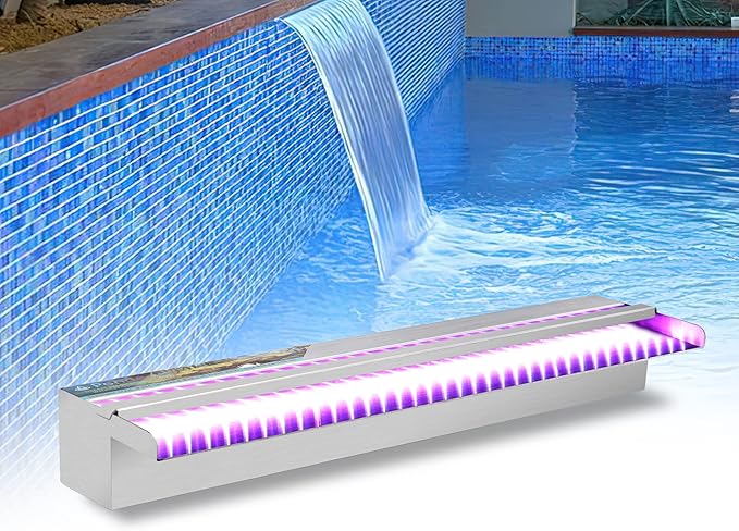 YUDA 24'' Stainless Steel Waterfall Pool Fountain with SMD LED 7 Color Changing and Remote, Lighted Waterfall Spillway for Sheer Descent Garden Outdoor