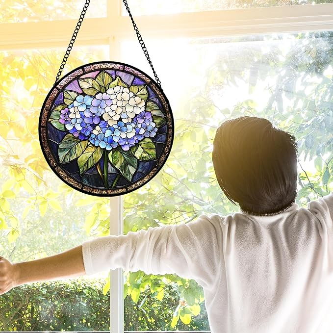 DASTOLL Stained Glass Window Hanging, Hydrangea Flowers Sun Catchers Diamond Glass Panel Hangings Plant Suncatcher Decor for Birthday for Women, Men, Wife, Aunt, and Mom 9.8 in