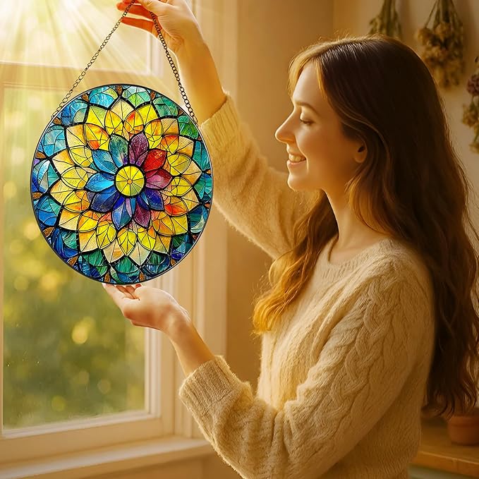 LAOWEIKI 8'' Rainbow Mandala Sun Catcher Ornament, Stained Glass Window Hanging, Sun Catchers for Windows Hanging Ornaments, Window Decor, Ideal Gift | Colorful Spiritual Gifts for Her