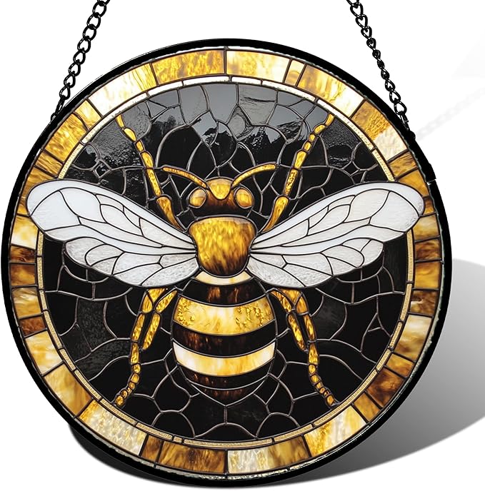 AMDERVEN Stained Glass Window Hanging - Black Gold Bee White Wings Sun Catcher for Door Home Decor Insect Suncatcher Christmas Mother's Day Birthday Gifts for Women Men Lovers Mom Nana 7.8 in