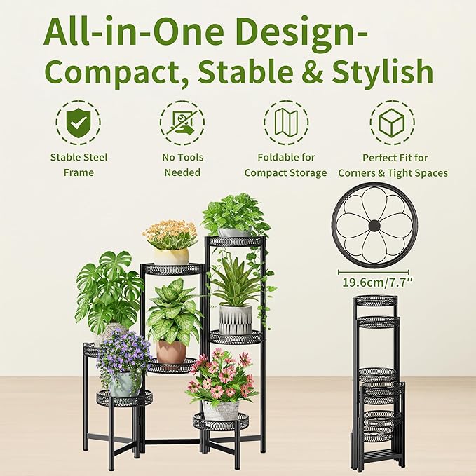 NQW Plant Stand Indoor Outdoor, 7 Tier Large Plant Stand with 7.9-Inch Wide Drainage Tray, Tiered Corner Metal Iron Flower Display Holder Shelf, Folding Tall Rack for Patio Balcony Porch - BlackFlower
