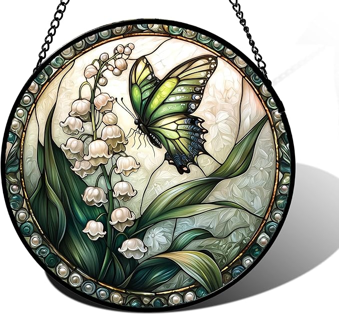 DASTOLL Stained Glass Window Hanging, Lily of The Valley Flower Butterfly Suncatcher for Doors Home Sun Catchers Decoration and Christmas, Mother's Day Birthday Gifts for Women, Men, Mom 9.8 in