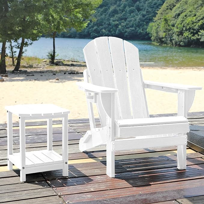 Folding Adirondack Chair Set with Side Table - HDPE Outdoor Patio Chairs, Weatherproof Chair with Reclining Back, Cup & Phone Holder, and 2-Tier Storage End Table for Firepit or Garden (White)
