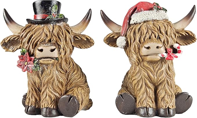 Holiday Scottish Highland Cows - Set of 2 | Resin Home Decor with Christmas Santa Hat Accents | Seasonal Xmas Decor for Centerpiece, Mantel, Kitchen, Dining Room, and More | 4 ½ inches tall