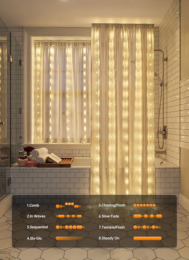 Brightown 180 LED Shower Curtain Fairy Lights, 70 Inch Warm White Waterproof Battery Operated String Light, 8 Modes, Battery Powered Christmas Light for Indoor Outdoor Decor(No Curtain)