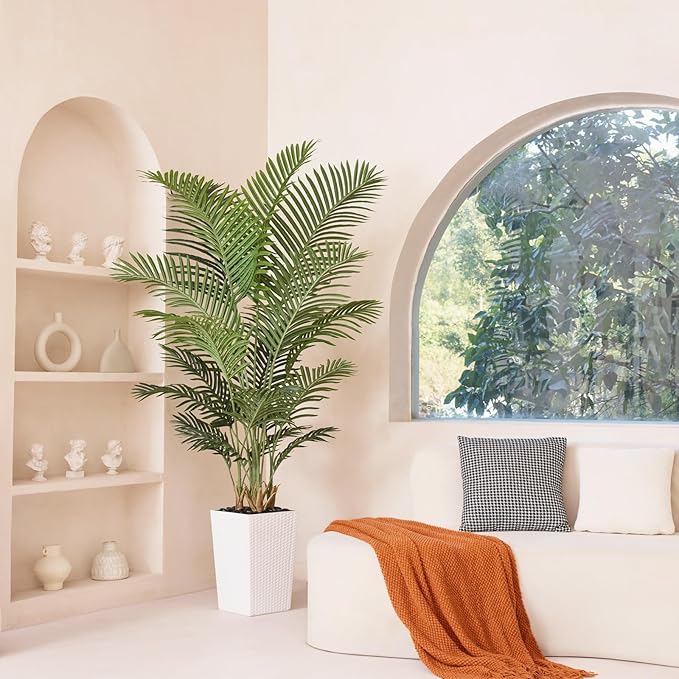 VeriNatural 6FT Artificial Palm Tree - Tall Fake Tree with White Taper Planter & Pebbles, UV Resistant for Indoor & Outdoor Decor - Large Potted Faux Plant for Living Room, Office, Home Decor,VN130