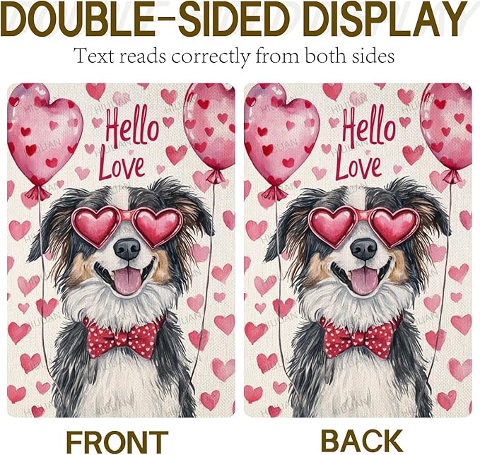 Valentine's Day Australian-Shepherd Hello Love Garden Flag, House Yard Plaid Love Heart Outside Decoration, Spring Holiday Wedding Anniversary Outdoor Small Decor 12x18(12651)