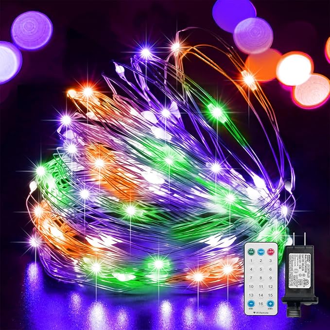 LAMPHOME Halloween Fairy Lights Plug in, 33Ft 100 LEDs Waterproof Twinkle Firefly Lights, Adaptor Included, Starry String Lights for Wedding Indoor Outdoor Christmas Patio Garden, Orange Purple Green
