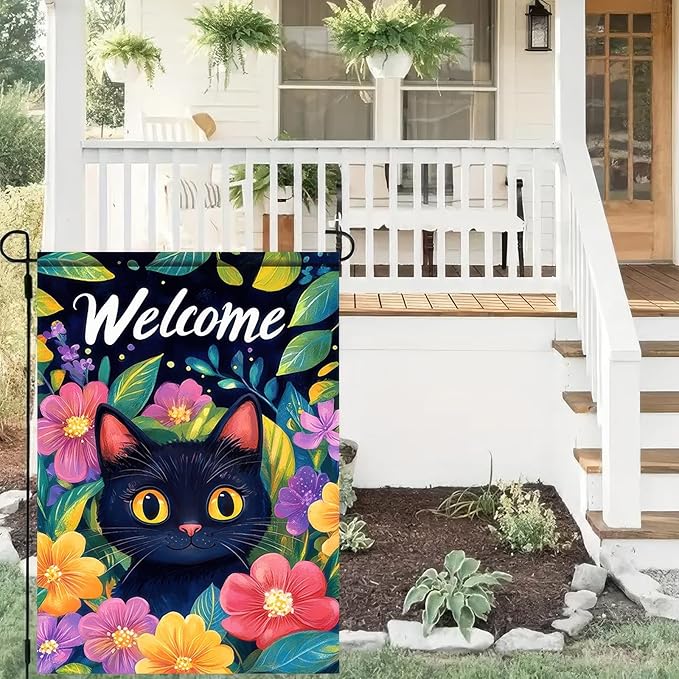 Welcome Spring Garden Flag 12x18 InchDouble Sided Hello Spring Black Cat Outdoor Yard Decoration Summer Farmhouse Holiday Yard Flag Floral Design Spring Home Decor Flags