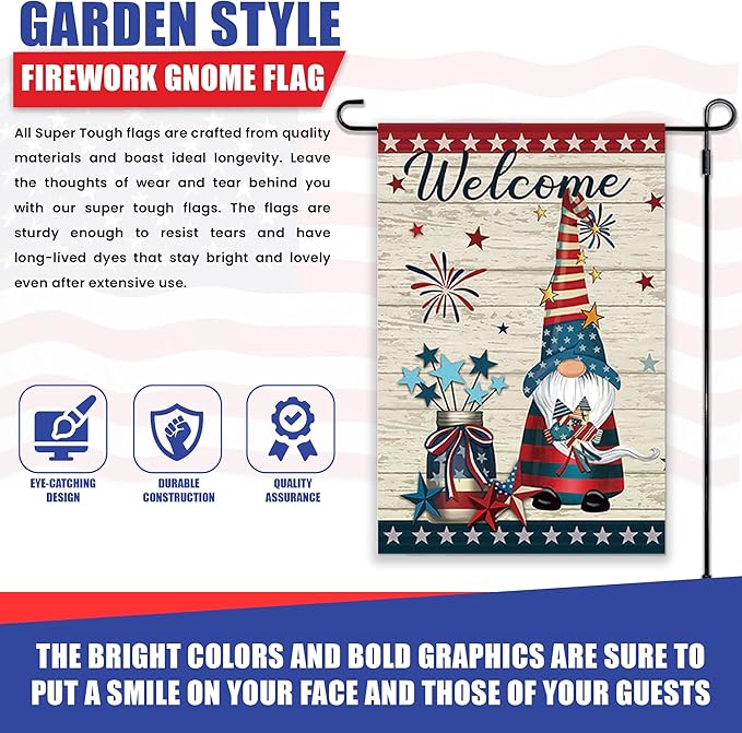 Super Tough Garden Flag - Firework Gnome 12in x 18in | Patriotic Design with Star Border & Welcome Message | Perfect for 4th of July | Durable Oxford Polyester | Festive Outdoor Flag
