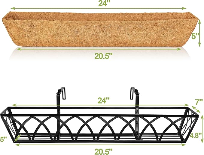 HFHOME 24 inch Window Deck Rail Planter with Coco Liner, 24" Dia Window Box Trough with Coconut Coir Liners, Black Metal Hanging Flower Planter Basket for Indoor Outdoor Lawn - Set of 4
