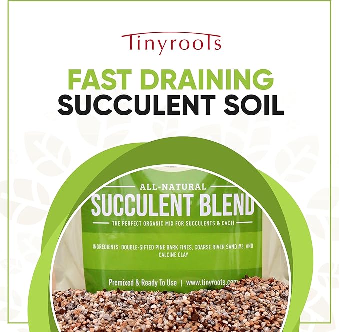 Tinyroots Succulent and Cactus Soil Mix – Fast-Draining 2.25 Qt Indoor/Outdoor Blend with River Sand, Double-Sifted Bark & Calcined Clay, Root Rot Resistant, Greenhouse-Grade Quality