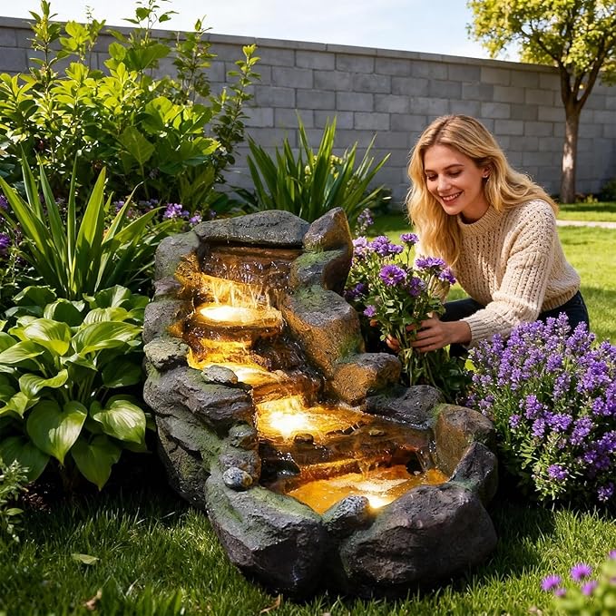 42" L Outdoor Water Fountain with 3 Tiers Cascading Realistic Tree Trunk Waterfall Fountains with LED Lights Outdoor Water Fountain for Garden Patio Backyard Porch Home Decor