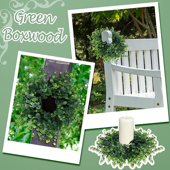 18 Pcs Mini Green Boxwood Candle Rings Wreaths Spring Summer Kitchen Cabinet Swags Wreath 3 Inch Wedding Rings Wreaths Pillar Candle Holder for Wedding Home Door Tabletop Decor