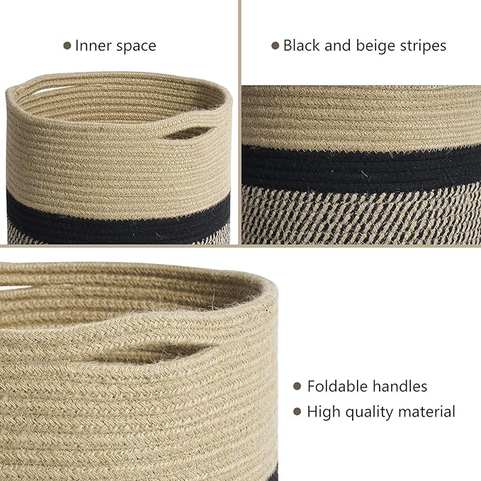 TIMEYARD Sturdy Jute Rope Plant Basket Modern Woven Basket for 11" Flower Pot Floor Indoor Planters, 12'' x 12'' Storage Organizer Baskets Rustic Home Decor, Black and Beige Stripes