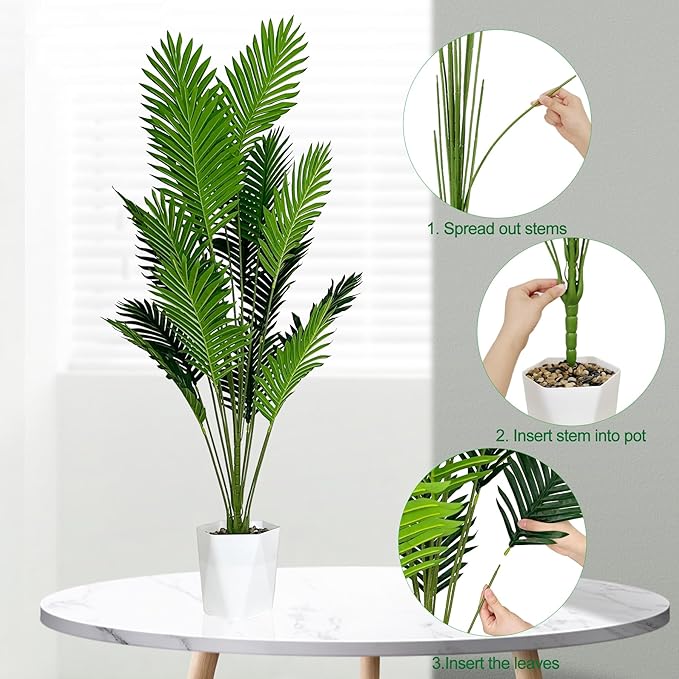 SAJANDAS Set of 2 Artificial Areca Palm Plants in Pots, 51 Inch Fake Tropical Palm Trees with Greenery Leaves and Stems, Faux Dypsis Lutescens Floor Plants for Office, Store, Garden, Home Decoration