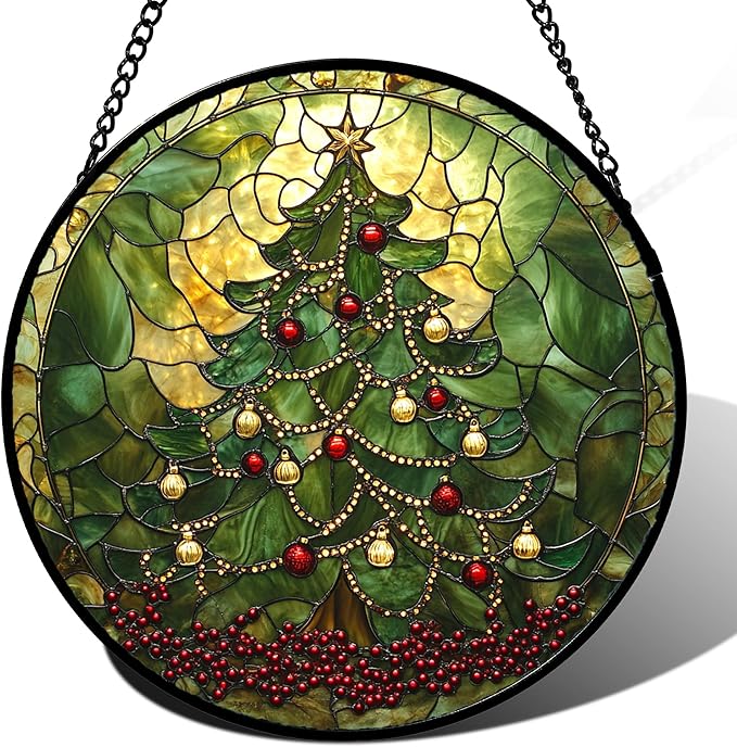 Stained Glass Window Hanging - Retro Green Christmas Tree Suncatcher for Doors Home Christmas Decoration Sun Catcher Thanksgiving New Year Birthday Gifts for Women Men Mom Nana 6.3 in