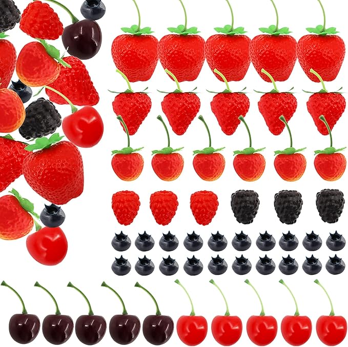 52 PCS Artificial Fake Fruit, Includes Fake Strawberries Fake Blueberries Fake Raspberries Fake Cherries, Reusable Waterproof Plastic Cake Dessert Party Home Kitchen Decoration, Photography Props