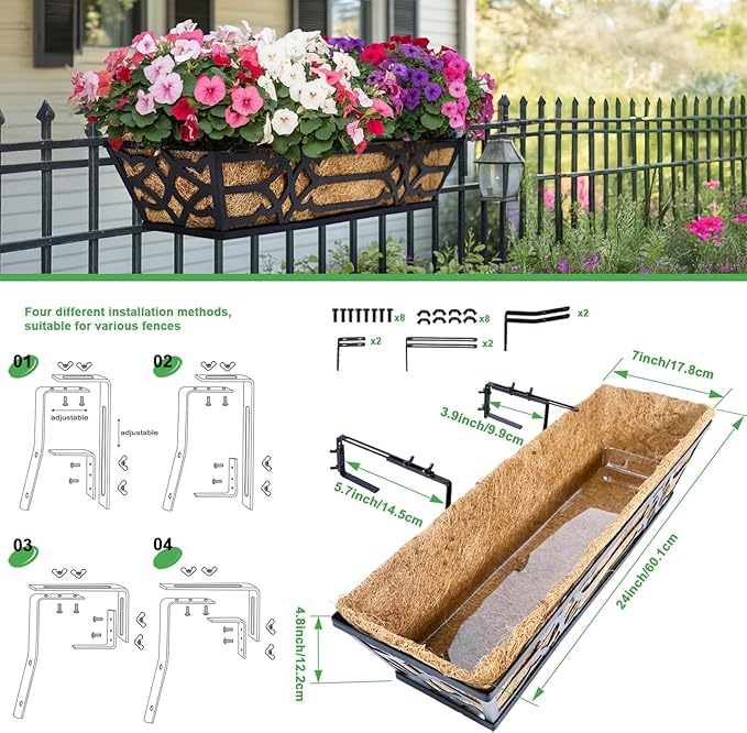 Railing Planter Box, Window Planter Boxes Outdoor 2 Pack 24 Inch Hanging Planter with Adjustable Bracket for Porch, Fence Flower Baskets with Coco Liners