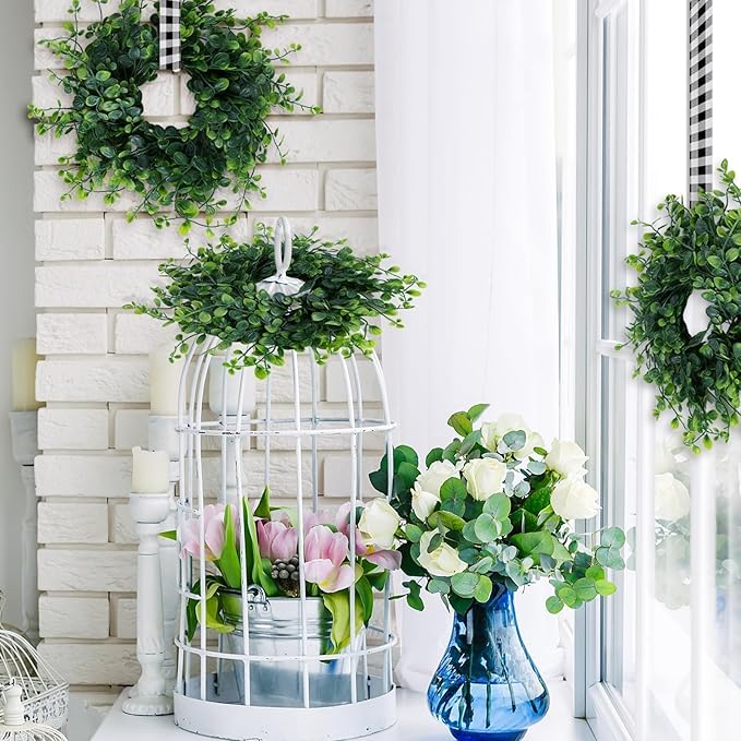 18 Pcs Mini Green Boxwood Candle Rings Wreaths Spring Summer Kitchen Cabinet Swags Wreath 3 Inch Wedding Rings Wreaths Pillar Candle Holder for Wedding Home Door Tabletop Decor