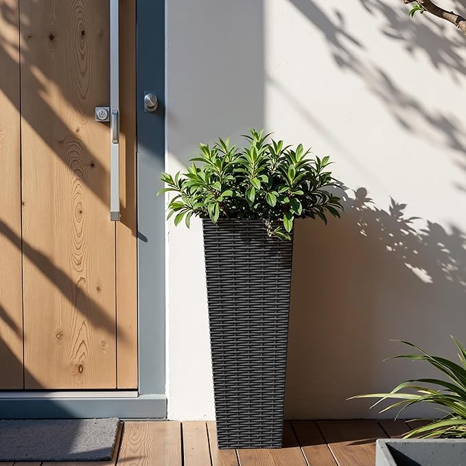 Flamaker Resin Rattan-Design Planters Set of 2, 24'' Tall Flowerpot with Additional Pot for Soil, Durable Weather-Resistant Planter with Drainage Holes for Garden, Patio, Backyard (Black, Small)