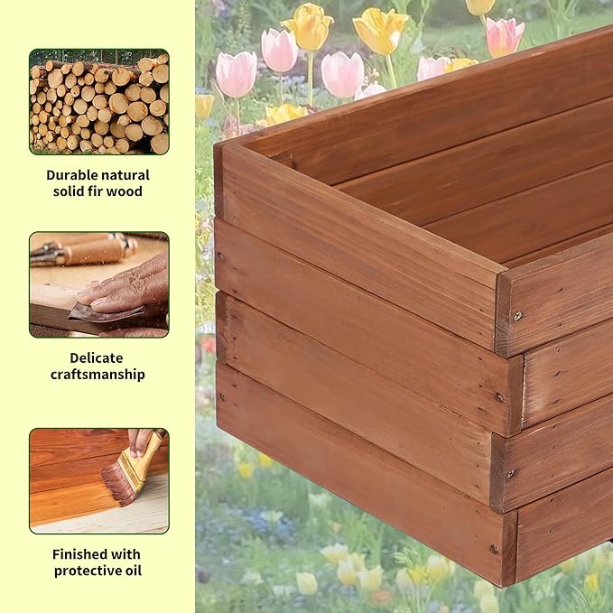 Wooden Raised Garden Bed Planter Box – Fir Wood Outdoor Vegetable, Herb & Flower Box with Drainage Holes – 47.24"x15.75"x12.6", Rot-Resistant, for Patio, Yard, Balcony