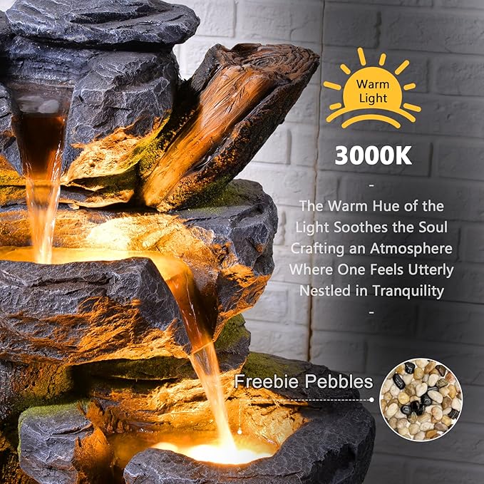 47.2" H Large Water Fountain Outdoor - 5 Tiers Cascade Floor Standing Rock Wood Like Waterfall Fountain with LED Lights for Garden Patio Backyard Porch Home Decor