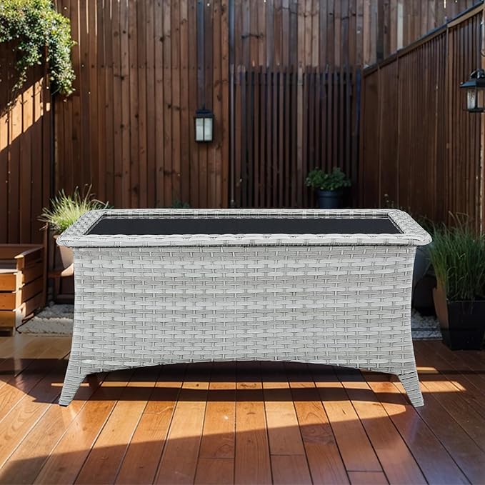 Outdoor Coffee Table - Patio Rattan Wicker Coffee Table with Tempered Glass Top Outdoor Table for Deck Porch Balcony Garden - Light Grey