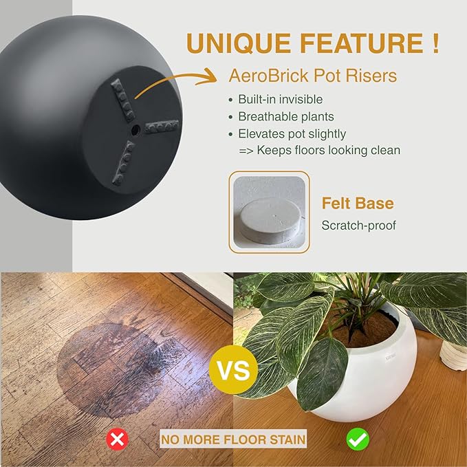 KUTE NEST 16" H x 20" D Globo Fiberstone Round Planter with Drainage Hole, Smooth Finishes, Weather Resistant for Indoor and Outdoor Use, Included 2 Extra Coco Mats (Black, 13.5" Pot Opening)