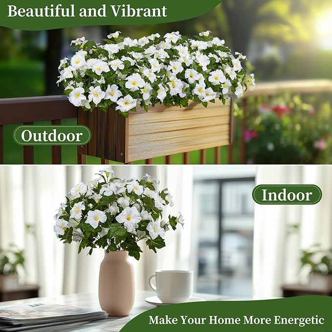 Brlita 19 Inch Artificial Fake Flowers for Outdoor,4 Pcs Faux Silk Petunias Spring Flowers for Outside for Indoor Porch Planter Front Door Garden Patio Window Box Home Decor(White)