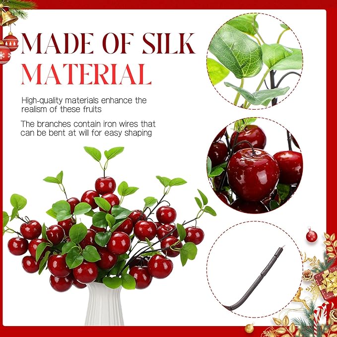 6 Pcs 27.56 Inches Artificial Fake Wine Red Apple Branches Christmas Decoration Realistic Apple Bouquets Tree Branch Fruit Plant for Home Office Vase Filler Shop Decoration