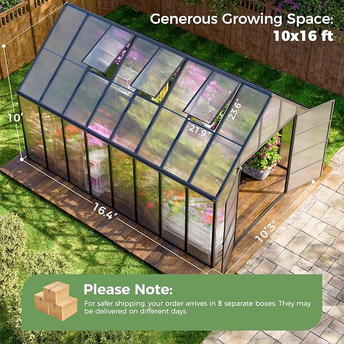16x10x10 FT Greenhouse for Outdoors, Large Thicker Aluminum Polycarbonate, 3 Vent Windows, Swing Door & Quick T Connector, Walk-in, for Outside, Backyard, Garden