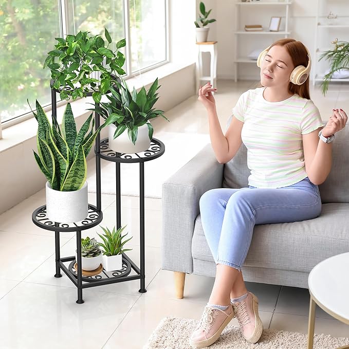YOCOMEY 4 Tier Plant Stand Outdoor Indoor, Metal Flower Shelf Display Holder, Multiple Plants Corner Tall Flower Holders for Patio Balcony Porch Garden Living Room (Black)
