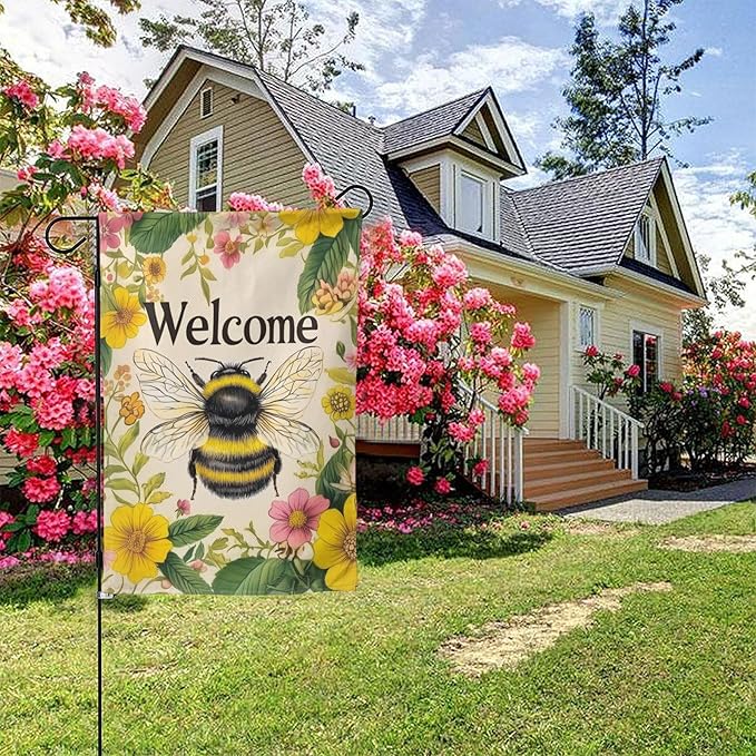 Bee Garden Flag Vertical Double Sided Outdoor Yard Flags 12.5x18 Inch Burlap Banners for House Lawn