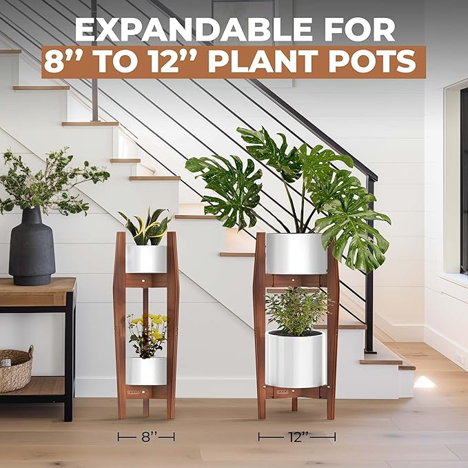 ROCCA 2-Tier Adjustable Width 8" to 12" Stackable Bamboo Tall Plant Stand Indoor, Corner Wood Plant Stand, Wooden Plants Holder, Plants Stands Indoor, Modern Pedestal Tables for Multiple Pots