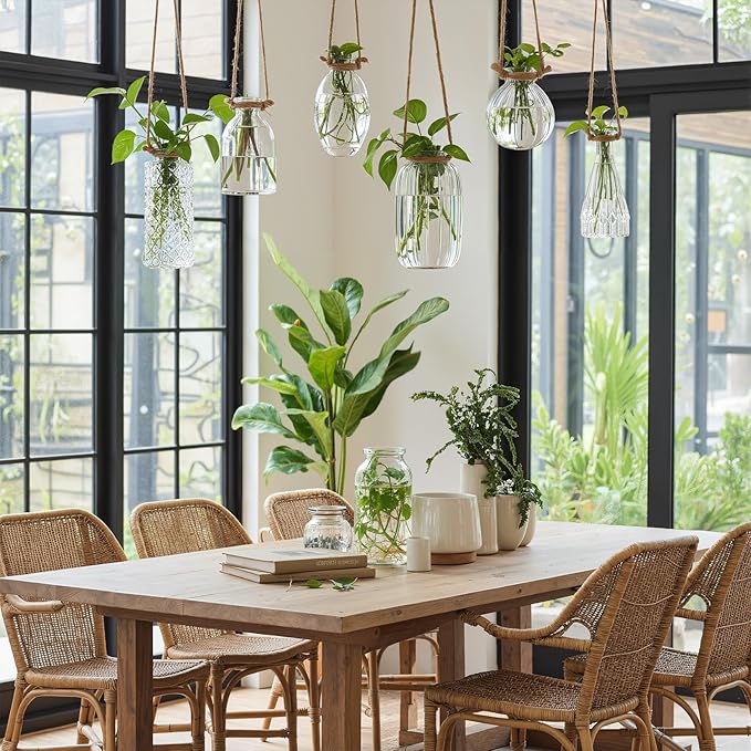 Teecyhooo 6 Pcs Stained Glass Hanging Vases Colorful Glass Terrariums with Rope Small Hanging Planters Pot Containers for Air Plants Flowers Garden Home Wedding Decor(Clear Series)