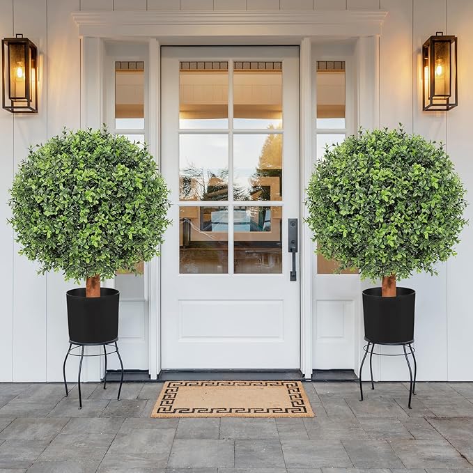 26" Artificial Boxwood Topiary Trees - 19.7" W Large Faux Plants Outdoor for Front Porch Decor, UV-Resistant Potted Shrubs with LED Lights, Realistic Fake Greenery Balls for Patio Entrance, Set of 2