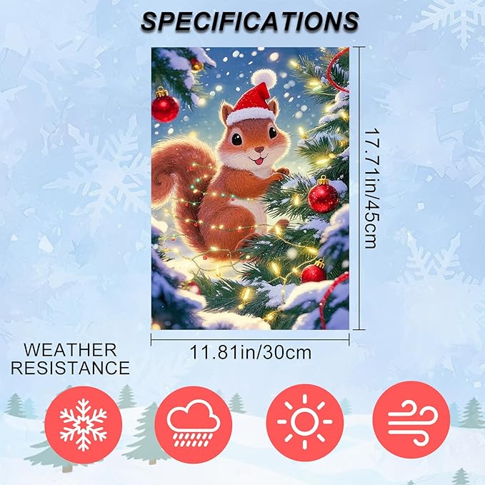 IVN Christmas Garden Flag 12x18 Inch Cute Squirrel in Santa Hat with Red Ball Ornaments and Snowy Tree Flag Double Sided Outdoor Yard Banner for Porch Lawn Patio Decor Holiday Winter