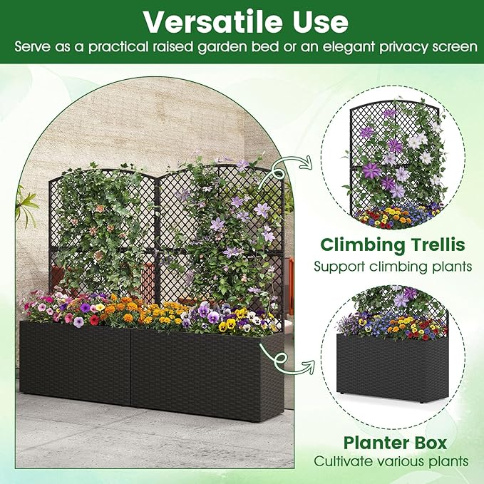 HAPPYGRILL Raised Garden Bed with Trellis, 49" Wicker Planter Box w/Privacy Screen, Liner, Drainage for Patio Balcony, Outdoor PE Rattan Elevated Garden Bed for Climbing Plant Vine Flower (Black,2)